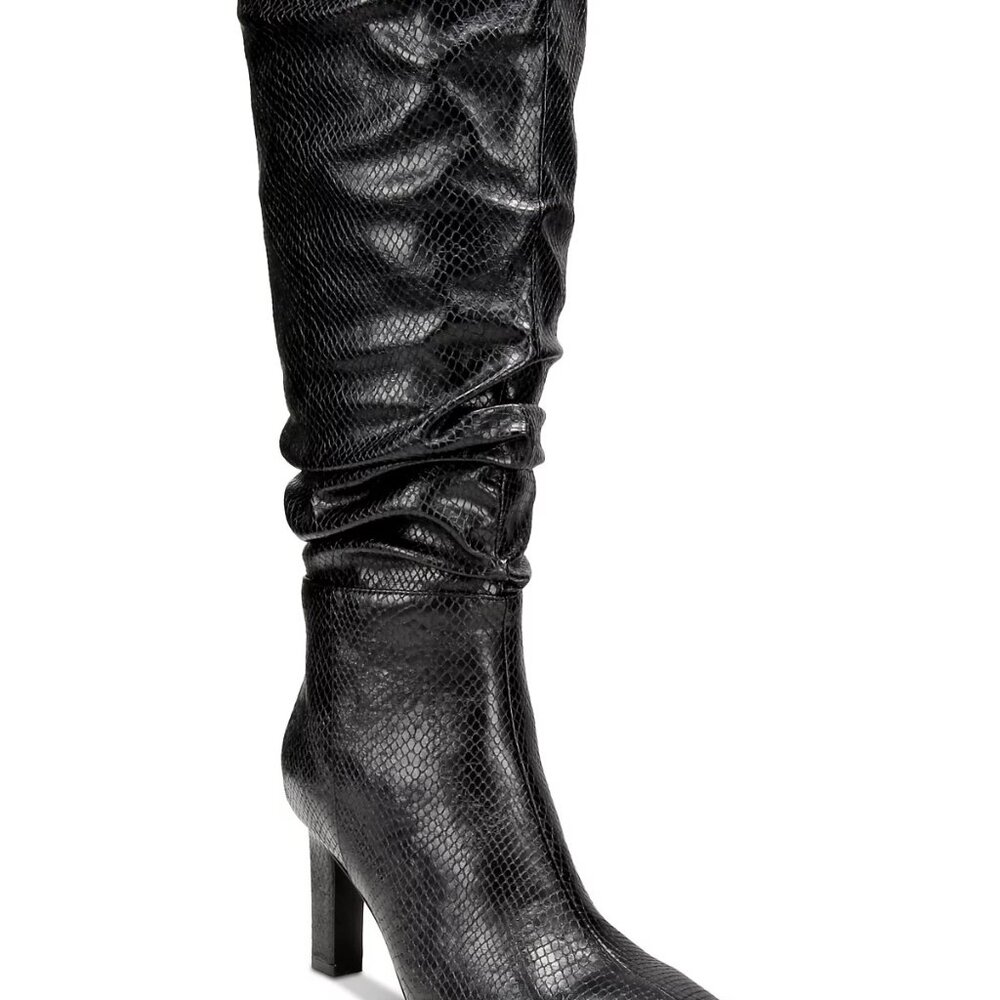 SMASH Shoes Women's Fallon Knee High Slouch Black Snake Dress Boots - Wide Calf
